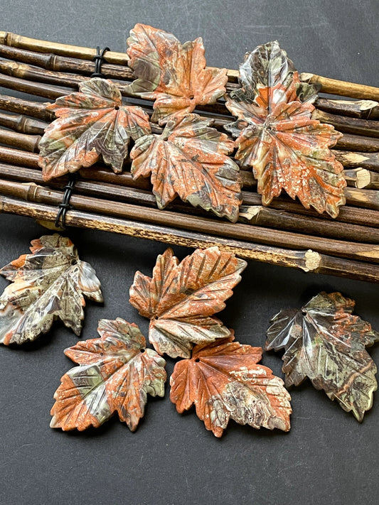 AAA Natural Handmade Carved Maple Tree Leaf Pendant. 35mm -55mm Jasper Pendant. Beautiful Natural Brown Orange Maple Leaf Color Pendant.