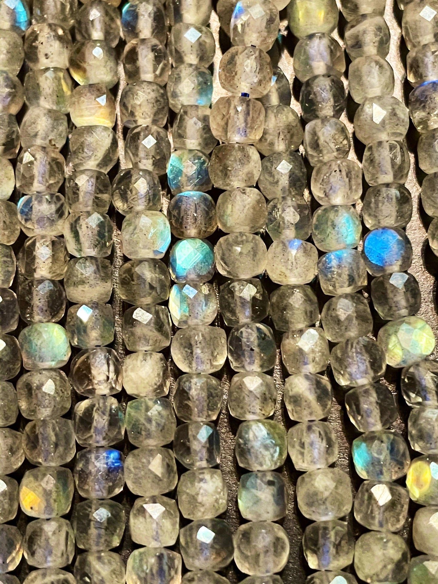 AAA Natural blue flash labradorite stone bead. Faceted 4mm square shape bead. Gorgeous natural blue flash labradorite gemstone bead.15.5”
