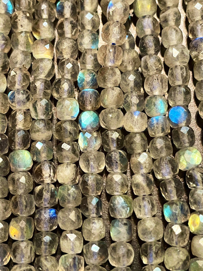 AAA Natural blue flash labradorite stone bead. Faceted 4mm square shape bead. Gorgeous natural blue flash labradorite gemstone bead.15.5”