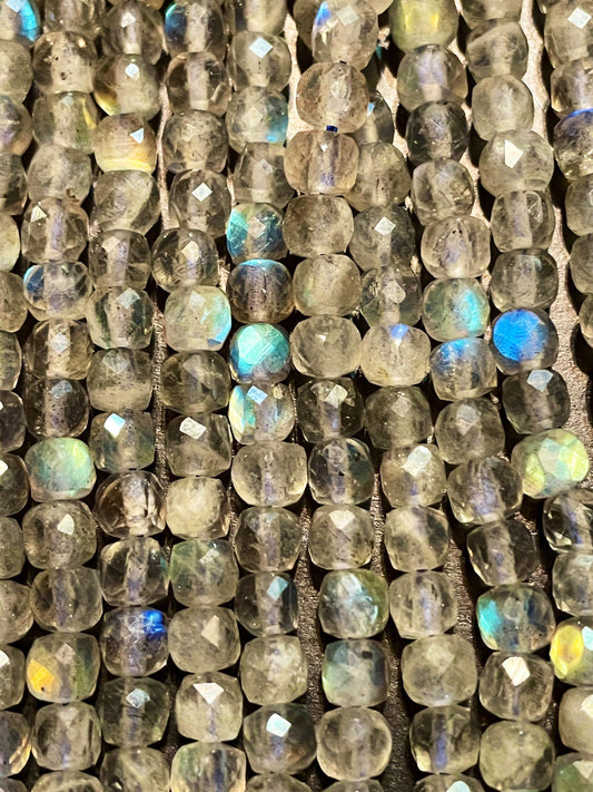 AAA Natural blue flash labradorite stone bead. Faceted 4mm square shape bead. Gorgeous natural blue flash labradorite gemstone bead.15.5”