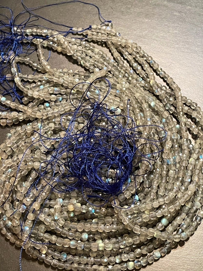 AAA Natural blue flash labradorite stone bead. Faceted 4mm square shape bead. Gorgeous natural blue flash labradorite gemstone bead.15.5”