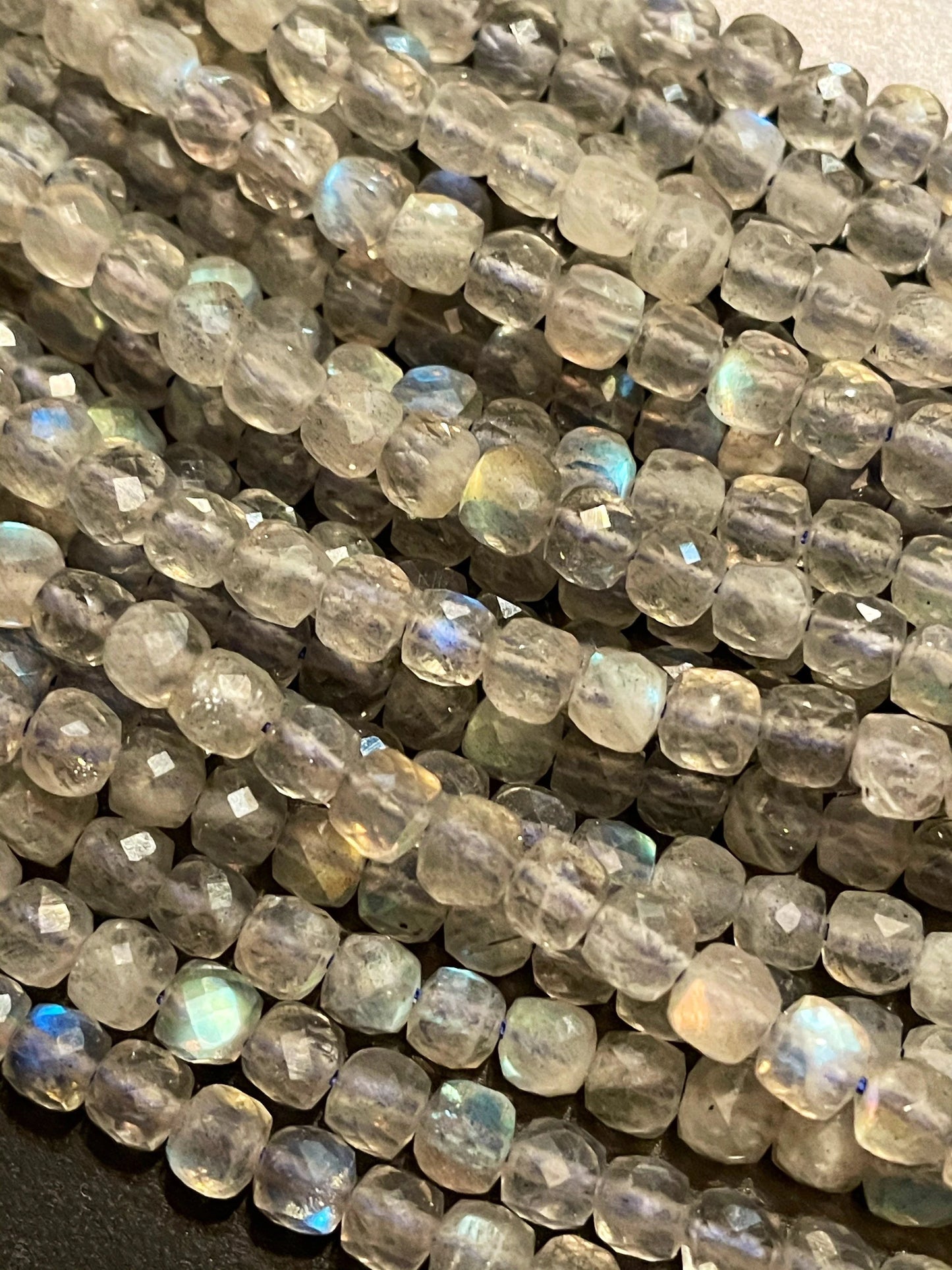 AAA Natural blue flash labradorite stone bead. Faceted 4mm square shape bead. Gorgeous natural blue flash labradorite gemstone bead.15.5”