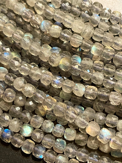 AAA Natural blue flash labradorite stone bead. Faceted 4mm square shape bead. Gorgeous natural blue flash labradorite gemstone bead.15.5”