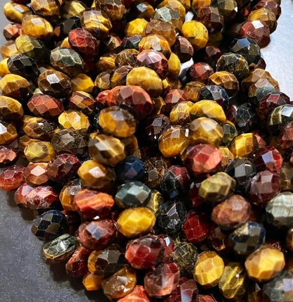 AAA Natural tiger eye stone bead. Faceted 5x8mm Rondelle bead. Beautiful natural MULTICOLOR tiger eye gemstone bead. Full strand 15.5” bead