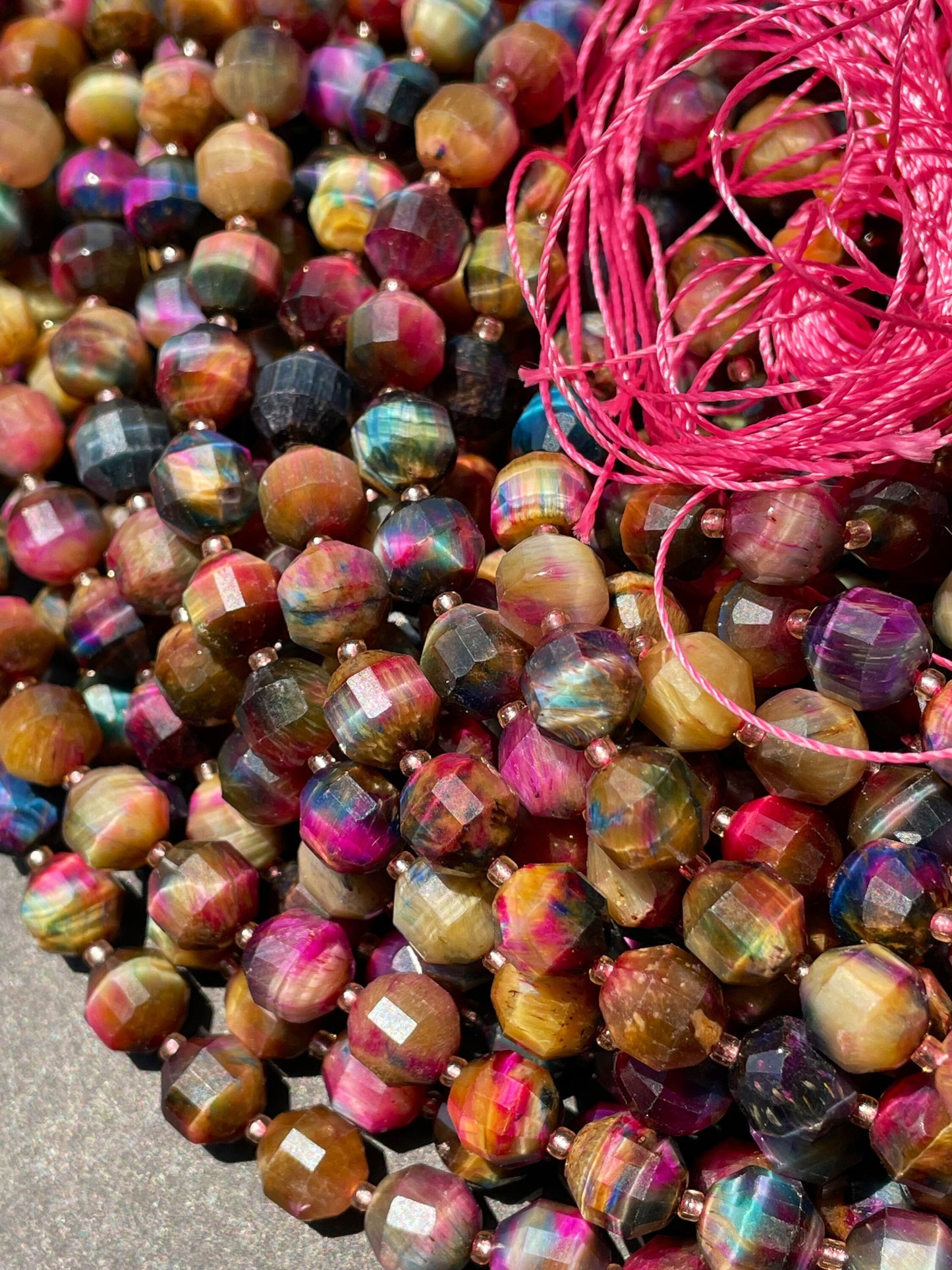 Beautiful Galaxy natural tiger eye stone bead. Faceted diamond cut 6mm8mm bead. Gorgeous unique multi color gemstone bead. Full strand 15.5”