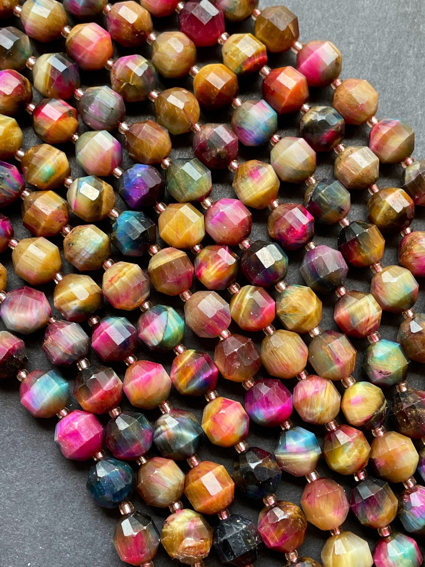 Beautiful Galaxy natural tiger eye stone bead. Faceted diamond cut 6mm8mm bead. Gorgeous unique multi color gemstone bead. Full strand 15.5”