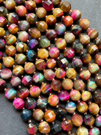 Beautiful Galaxy natural tiger eye stone bead. Faceted diamond cut 6mm8mm bead. Gorgeous unique multi color gemstone bead. Full strand 15.5”