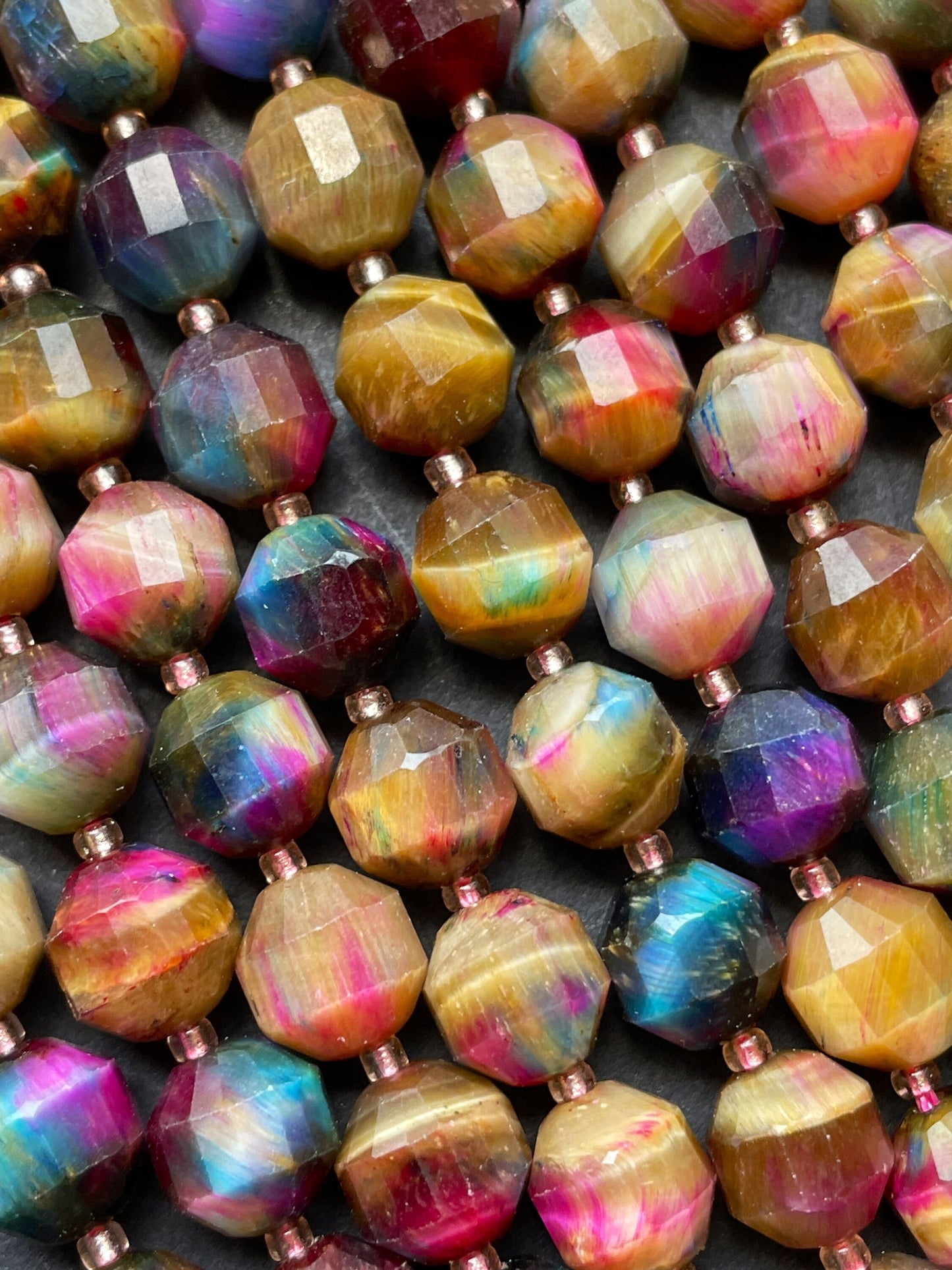 Beautiful Galaxy natural tiger eye stone bead. Faceted diamond cut 6mm8mm bead. Gorgeous unique multi color gemstone bead. Full strand 15.5”