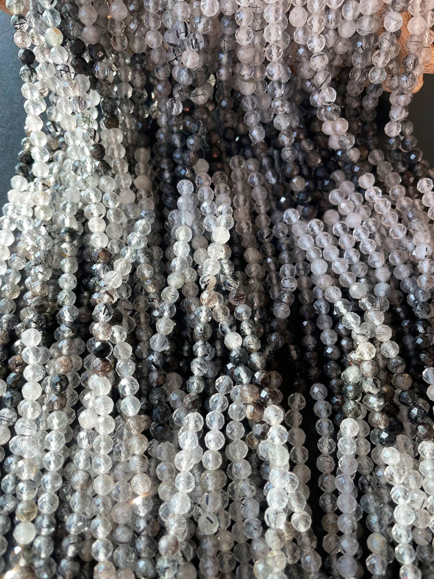 AAA Natural Tourmaline quartz stone bead. Faceted 5mm round bead . Beautiful natural super clear Black Tourmaline quartz.full strand 15.5”