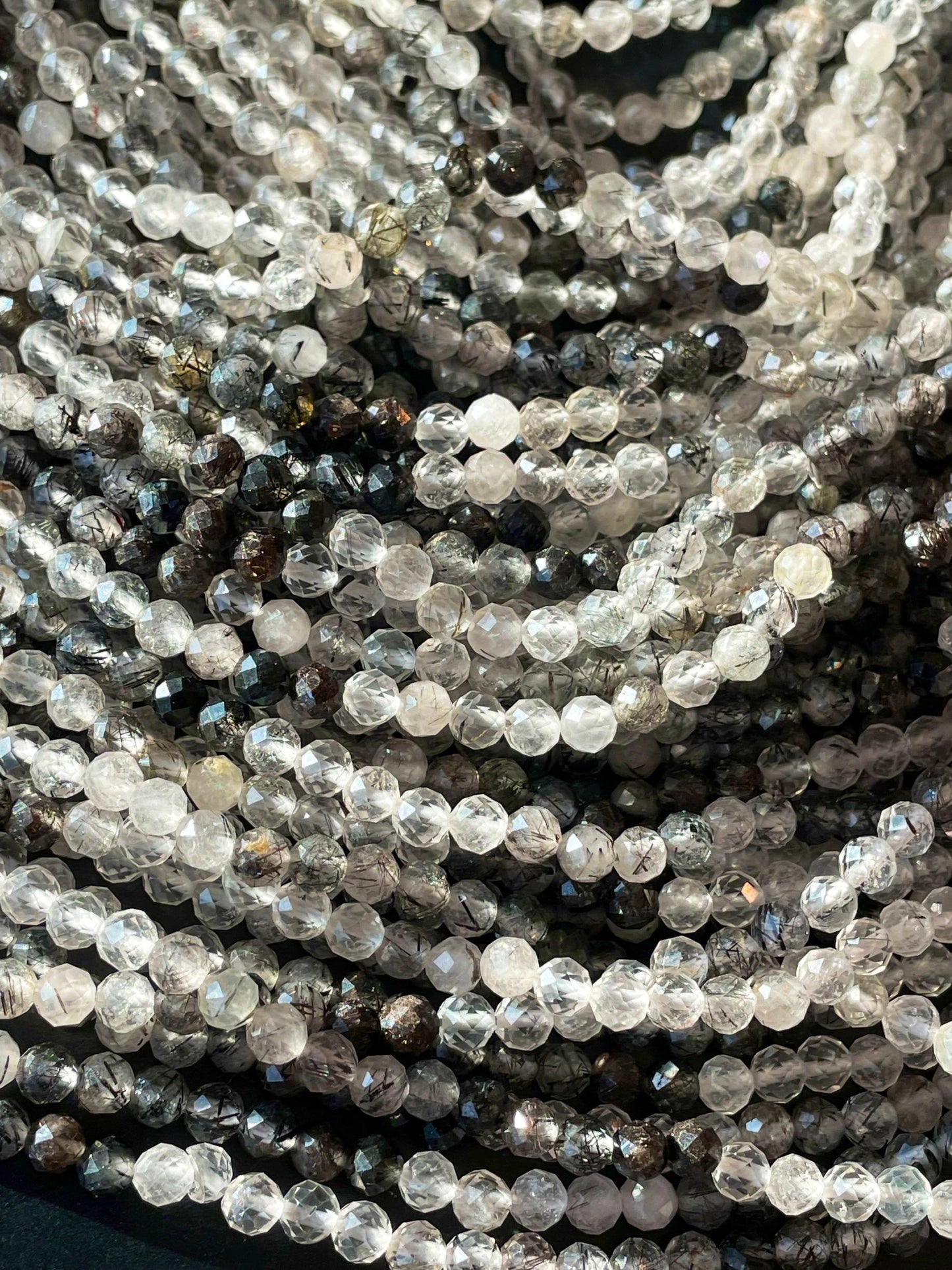 AAA Natural Tourmaline quartz stone bead. Faceted 5mm round bead . Beautiful natural super clear Black Tourmaline quartz.full strand 15.5”