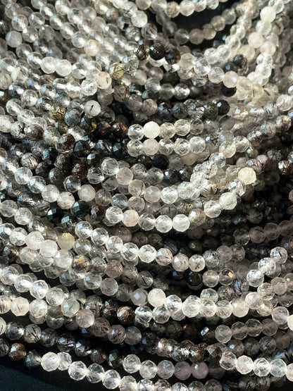 AAA Natural Tourmaline quartz stone bead. Faceted 5mm round bead . Beautiful natural super clear Black Tourmaline quartz.full strand 15.5”