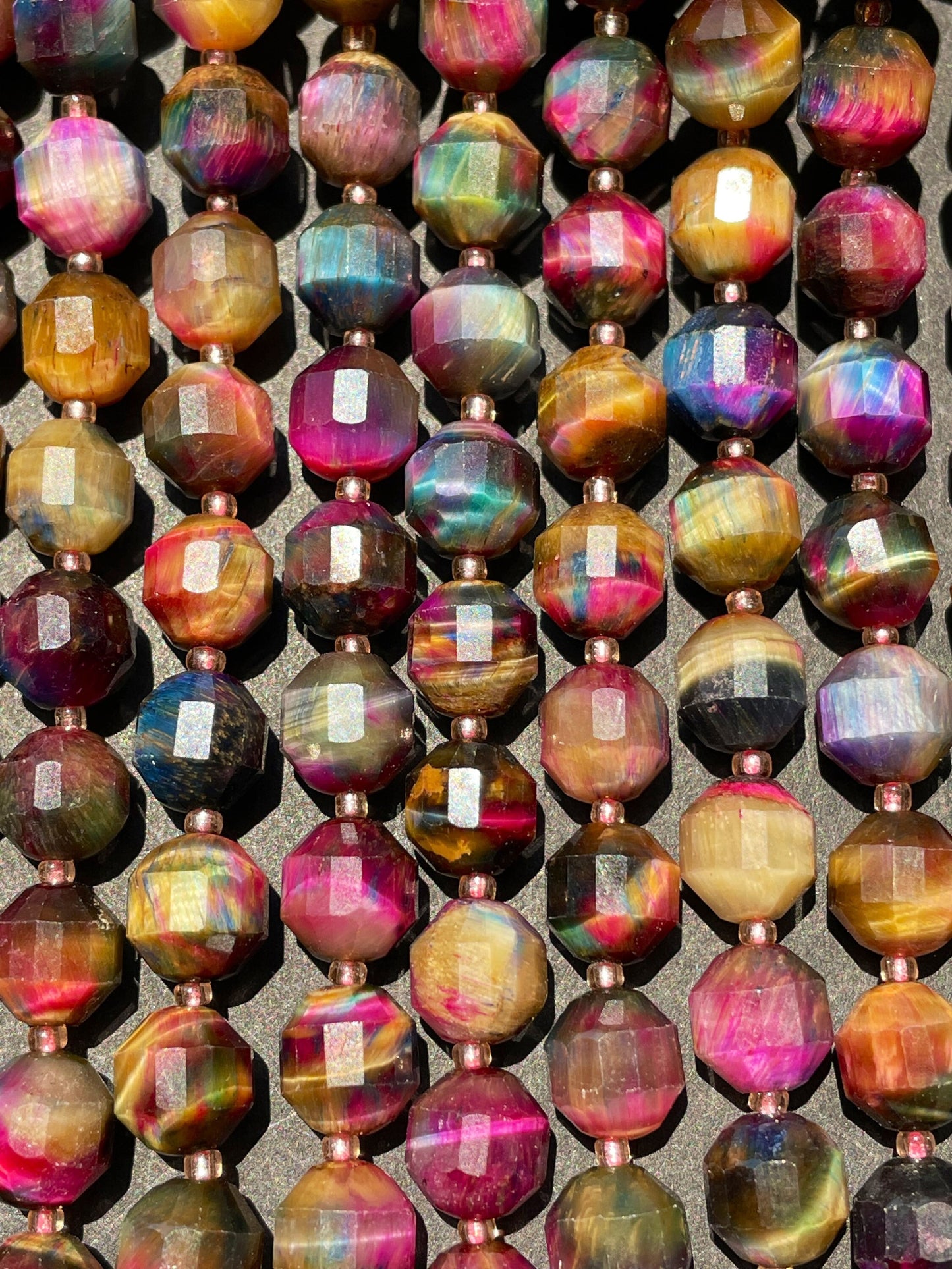 Beautiful Galaxy natural tiger eye stone bead. Faceted diamond cut 6mm8mm bead. Gorgeous unique multi color gemstone bead. Full strand 15.5”