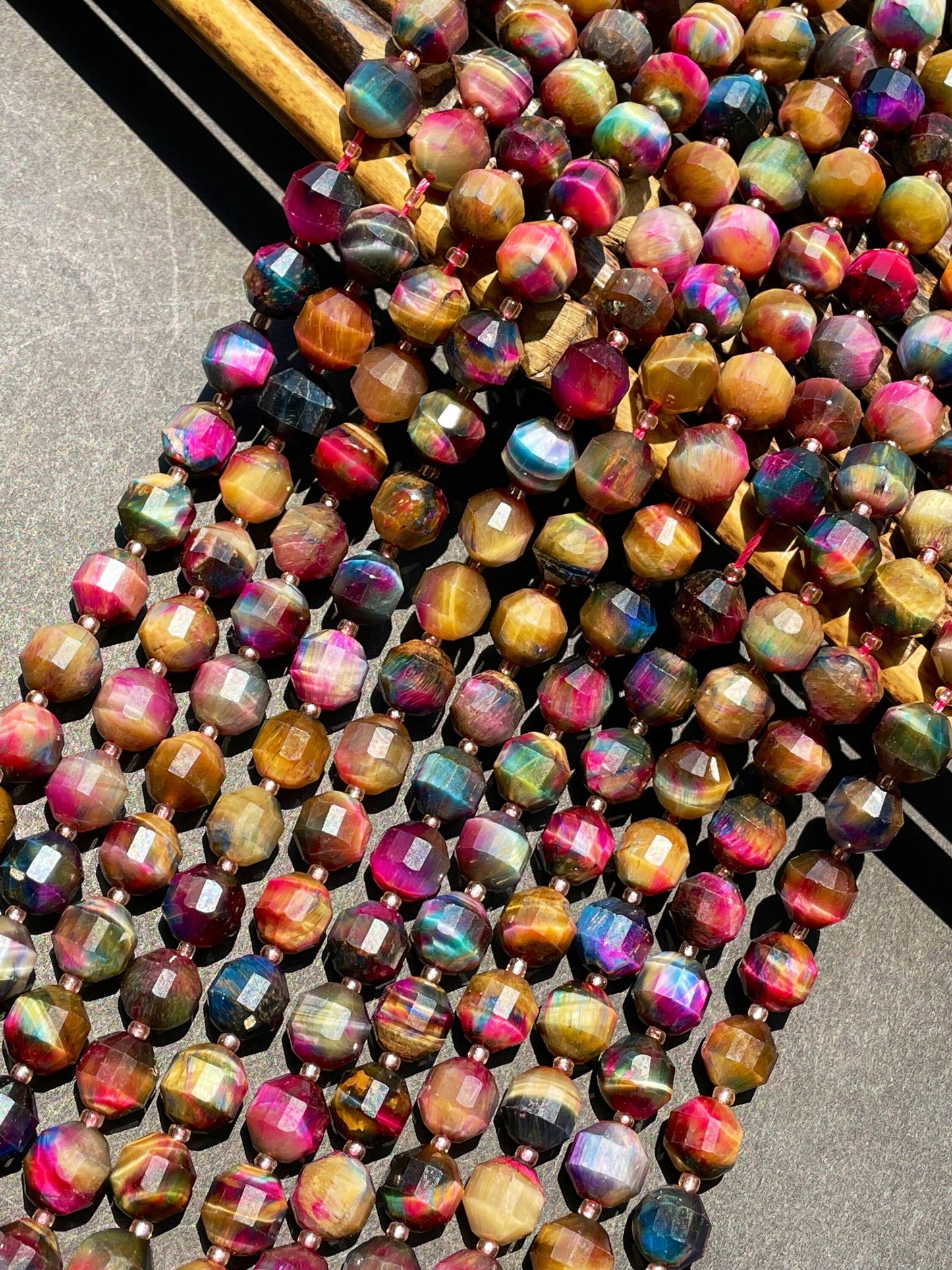 Beautiful Galaxy natural tiger eye stone bead. Faceted diamond cut 6mm8mm bead. Gorgeous unique multi color gemstone bead. Full strand 15.5”