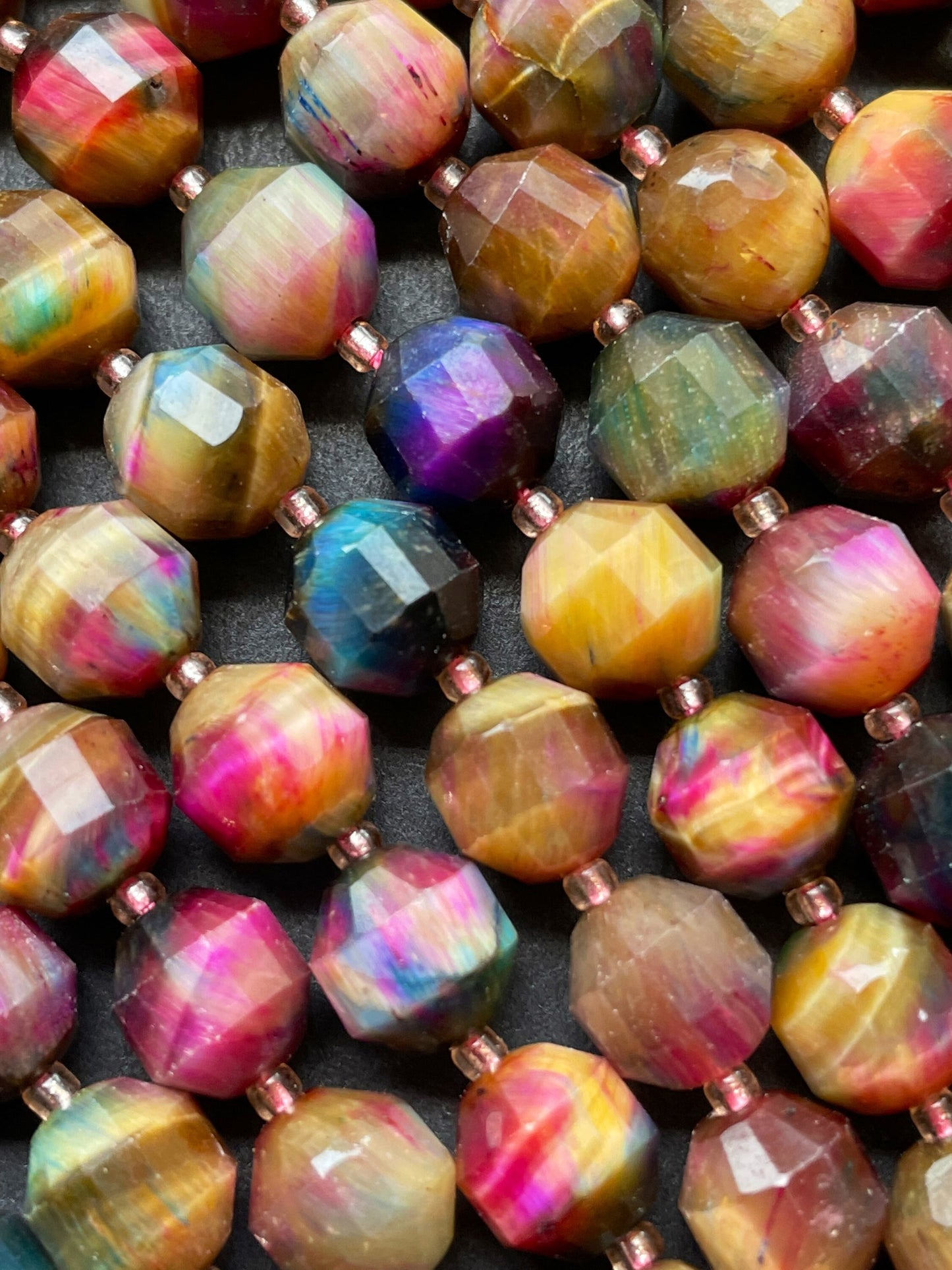 Beautiful Galaxy natural tiger eye stone bead. Faceted diamond cut 6mm8mm bead. Gorgeous unique multi color gemstone bead. Full strand 15.5”