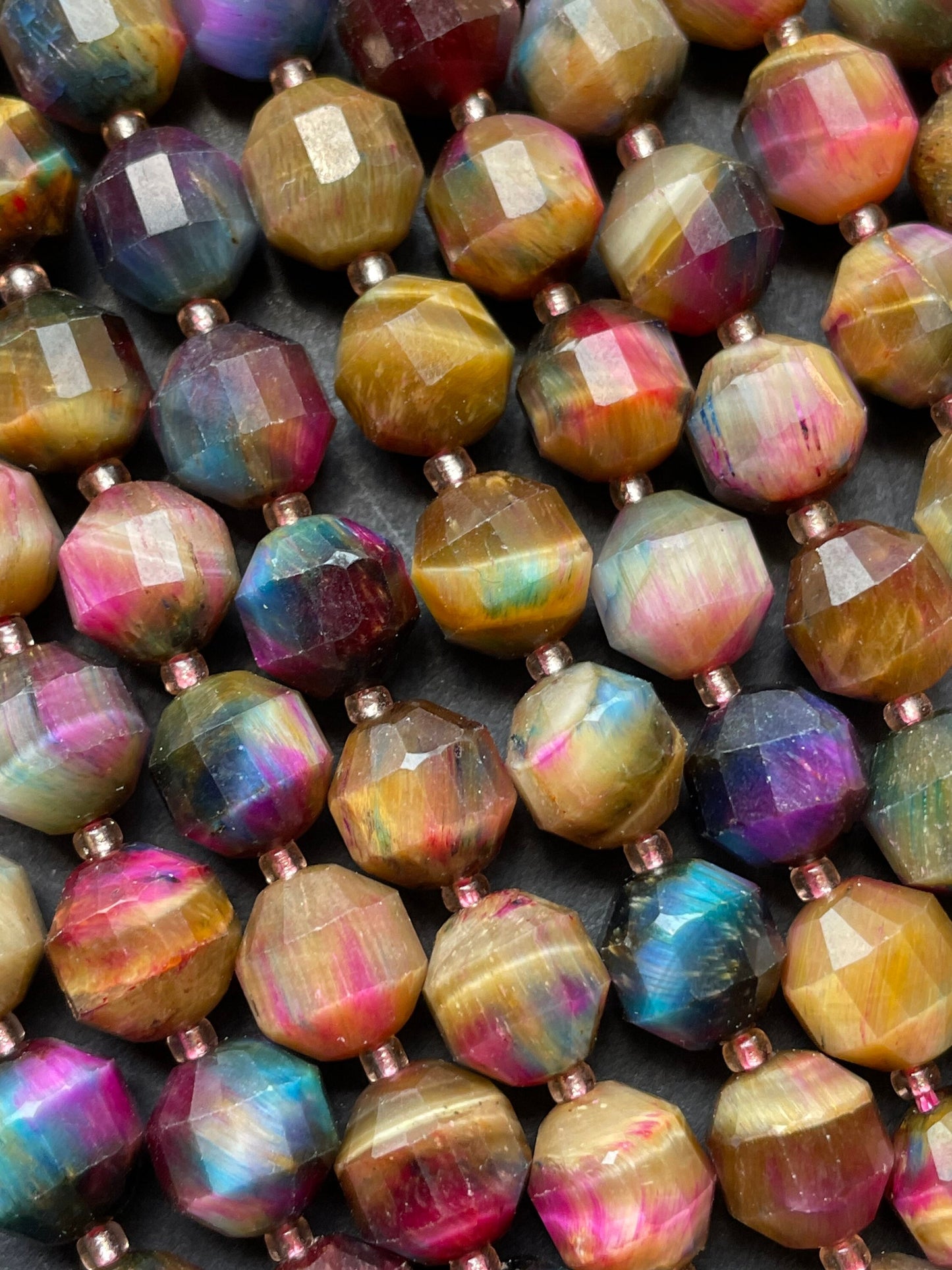 Beautiful Galaxy natural tiger eye stone bead. Faceted diamond cut 6mm8mm bead. Gorgeous unique multi color gemstone bead. Full strand 15.5”