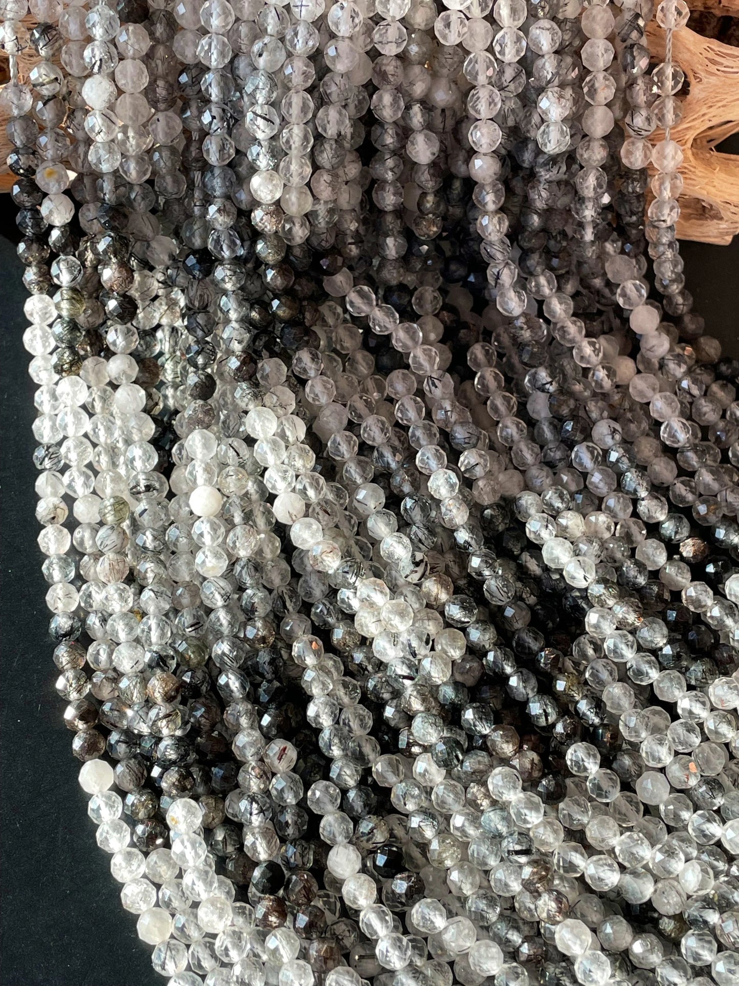 AAA Natural Tourmaline quartz stone bead. Faceted 5mm round bead . Beautiful natural super clear Black Tourmaline quartz.full strand 15.5”