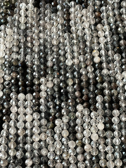 AAA Natural Tourmaline quartz stone bead. Faceted 5mm round bead . Beautiful natural super clear Black Tourmaline quartz.full strand 15.5”