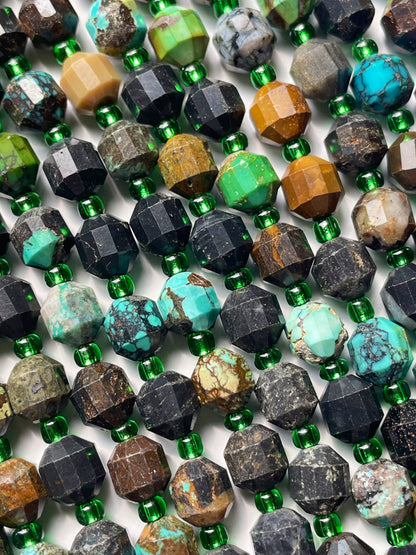 Natural turquoise stone bead. 6mm Faceted diamond cut shape bead. Beautiful natural blue turquoise with brown color turquoise. Full strand