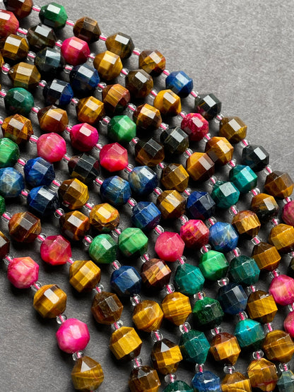 AAA Natural multi tiger eye stone bead. Faceted 8mm 9mm diamond cut shape bead. Gorgeous blue green yellow pink color tiger eye gemstone