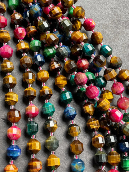 AAA Natural multi tiger eye stone bead. Faceted 8mm 9mm diamond cut shape bead. Gorgeous blue green yellow pink color tiger eye gemstone