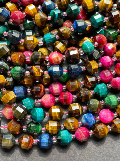 AAA Natural multi tiger eye stone bead. Faceted 8mm 9mm diamond cut shape bead. Gorgeous blue green yellow pink color tiger eye gemstone