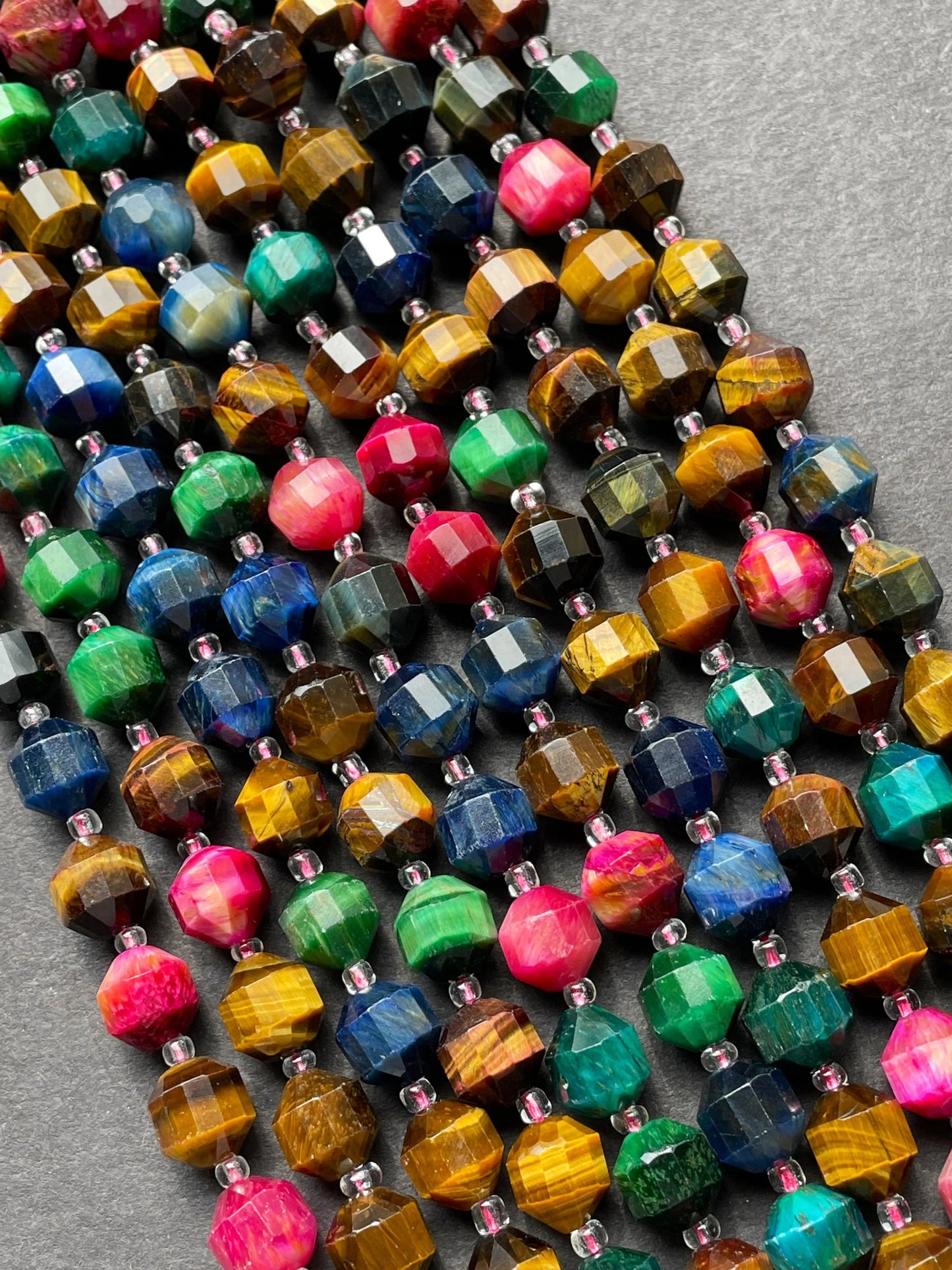 AAA Natural multi tiger eye stone bead. Faceted 8mm 9mm diamond cut shape bead. Gorgeous blue green yellow pink color tiger eye gemstone