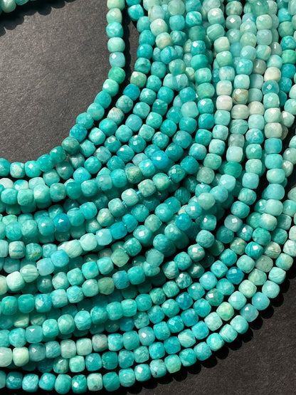 AAA Natural Amazonite Stone Bead. Faceted 4mm Cube Shape Bead. Gorgeous Natural Turquoise Blue Amazonite Gemstone Bead. Full Strand 15.5”