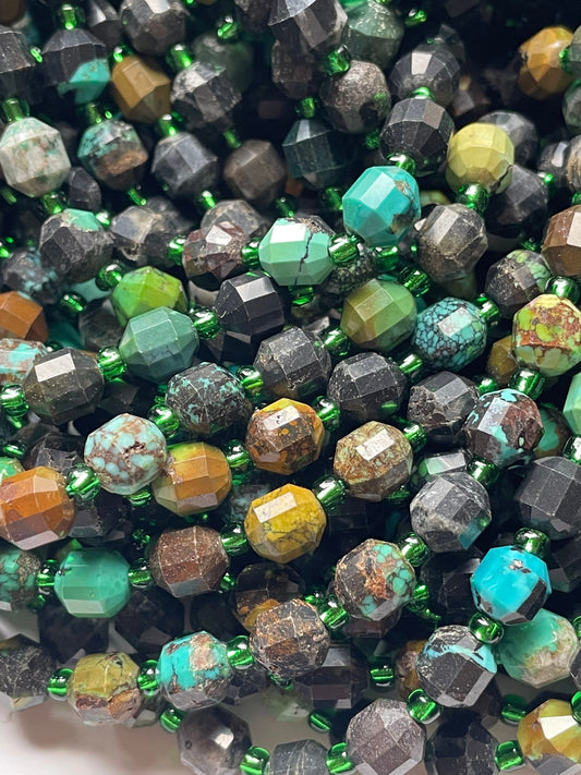 Natural turquoise stone bead. 6mm Faceted diamond cut shape bead. Beautiful natural blue turquoise with brown color turquoise. Full strand