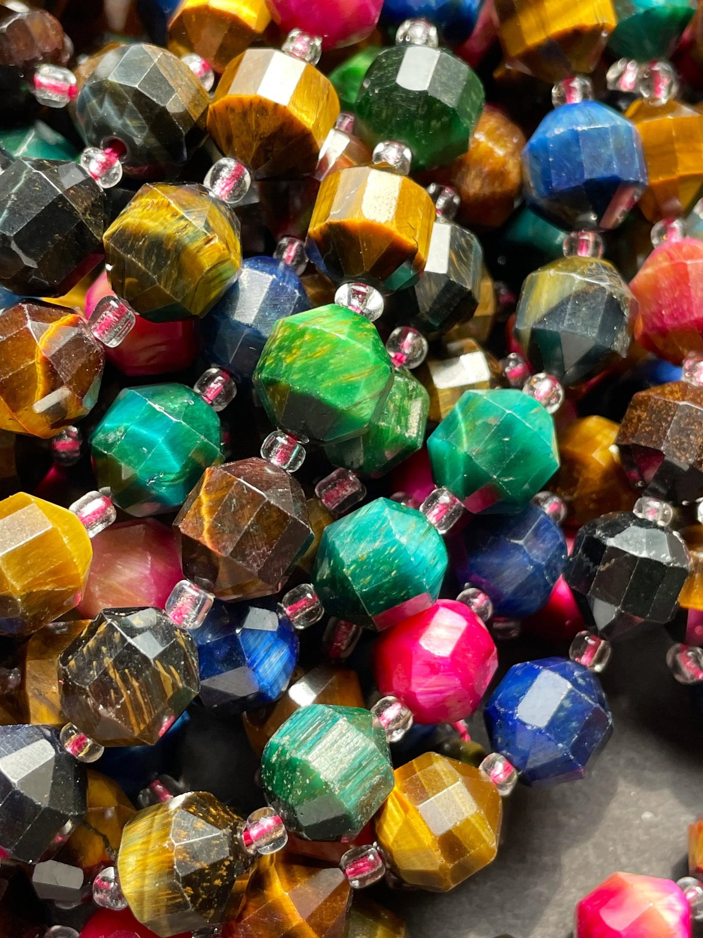 AAA Natural multi tiger eye stone bead. Faceted 8mm 9mm diamond cut shape bead. Gorgeous blue green yellow pink color tiger eye gemstone