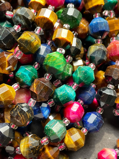 AAA Natural multi tiger eye stone bead. Faceted 8mm 9mm diamond cut shape bead. Gorgeous blue green yellow pink color tiger eye gemstone