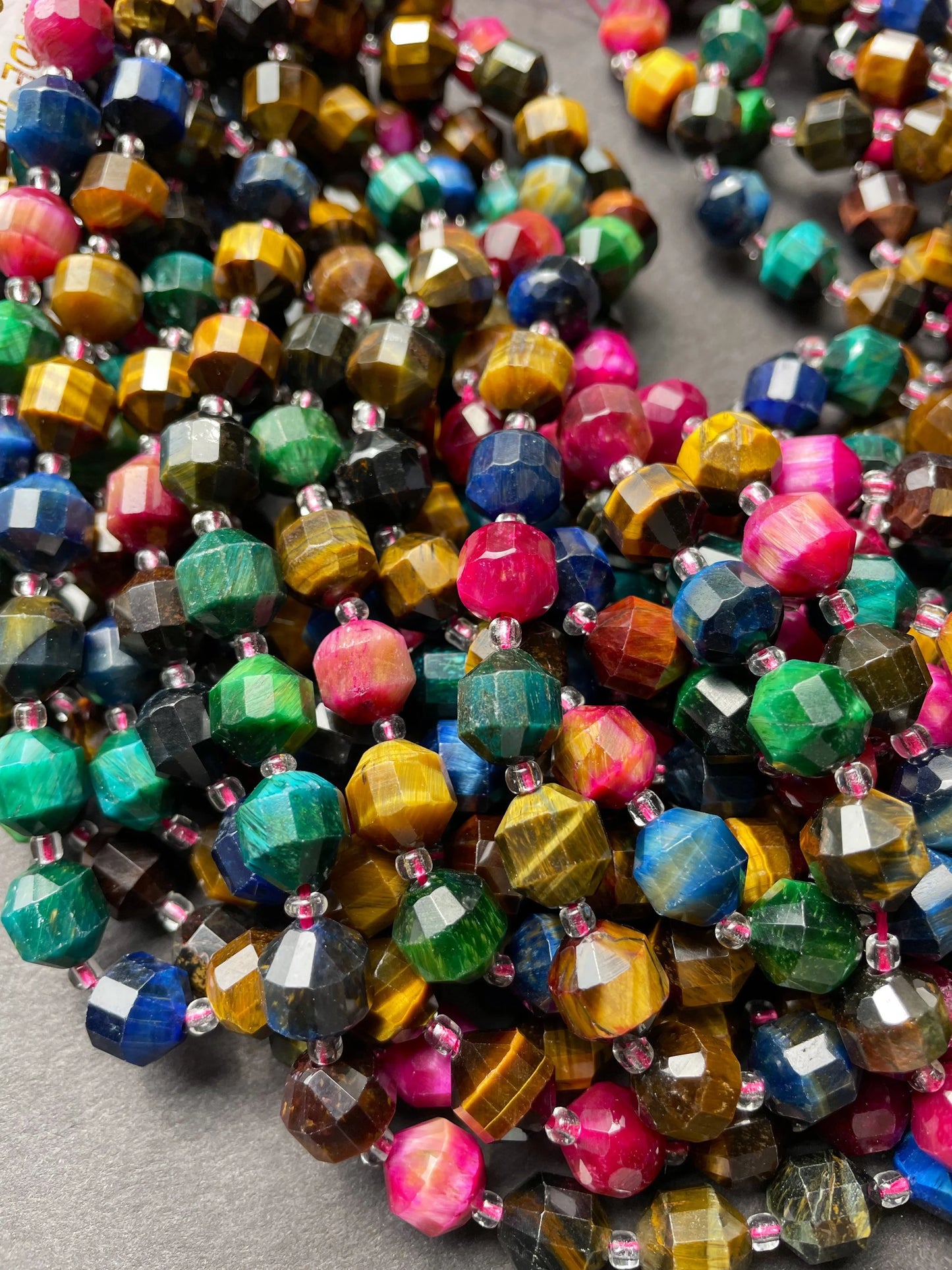AAA Natural multi tiger eye stone bead. Faceted 8mm 9mm diamond cut shape bead. Gorgeous blue green yellow pink color tiger eye gemstone