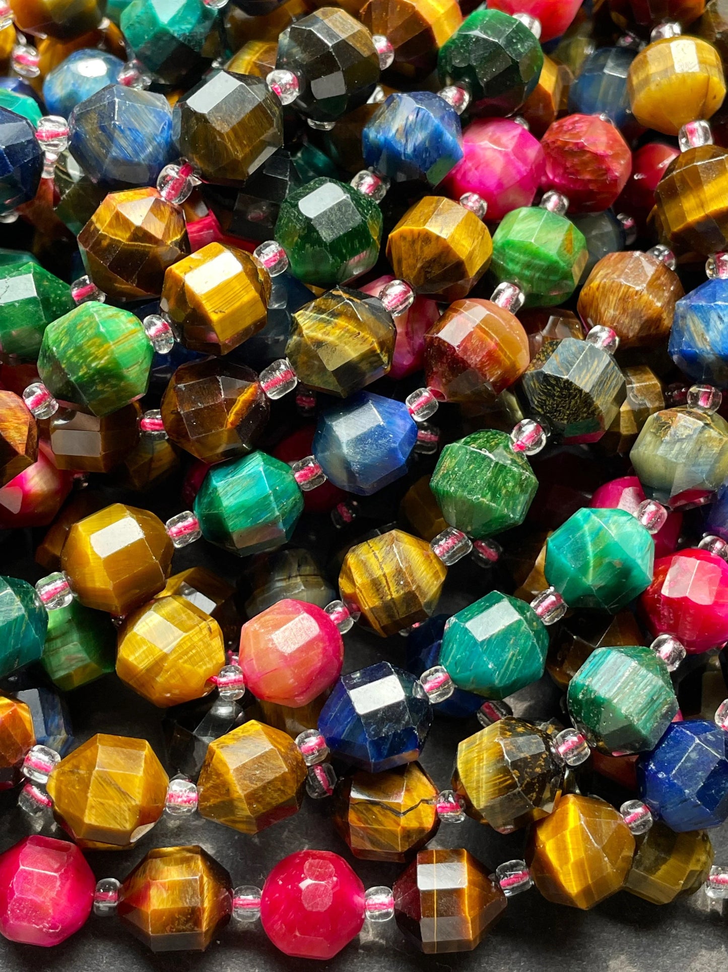 AAA Natural multi tiger eye stone bead. Faceted 8mm 9mm diamond cut shape bead. Gorgeous blue green yellow pink color tiger eye gemstone
