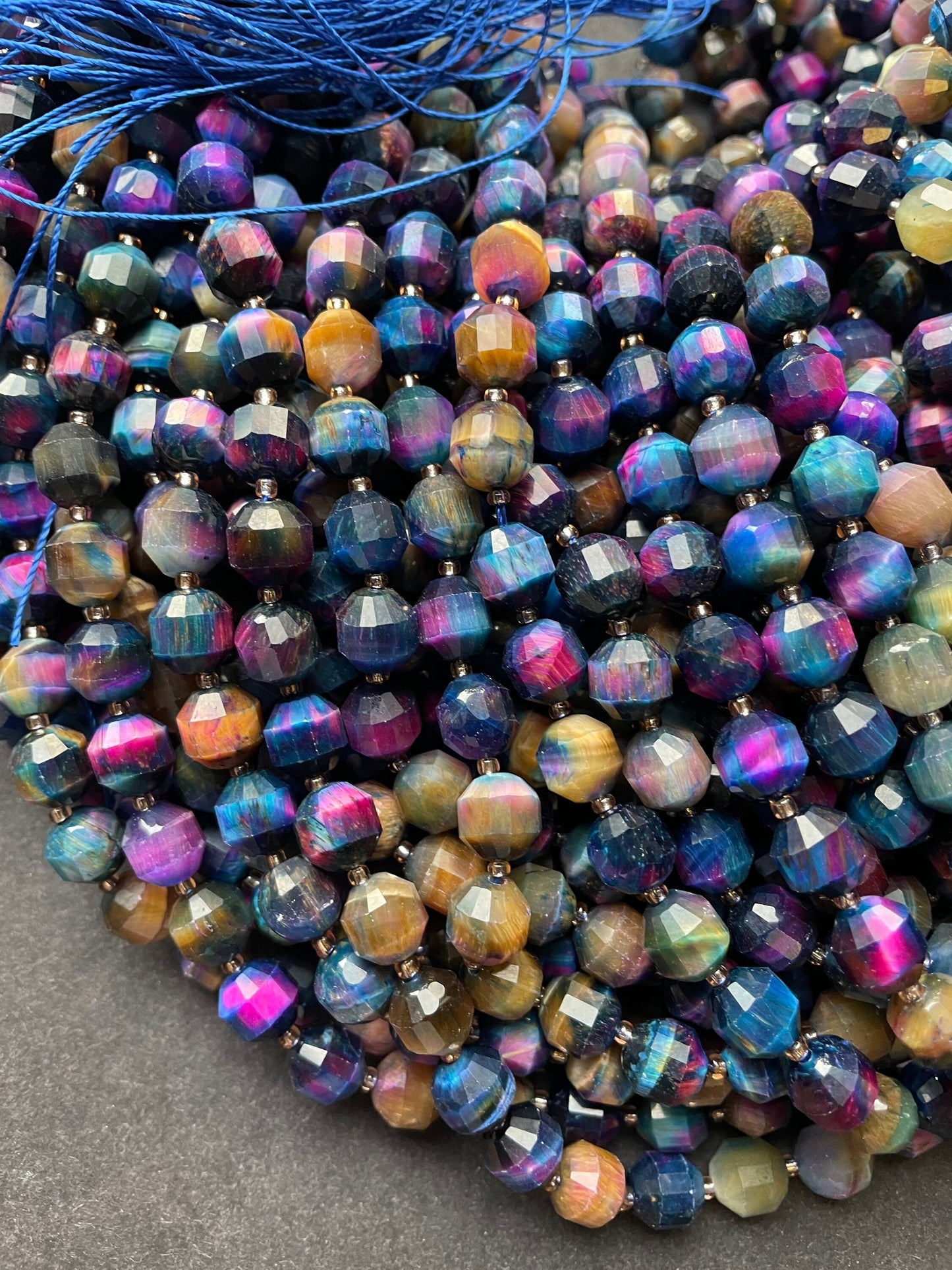 AAA Natural galaxy tiger eye stone bead.8mm faceted diamond shape bead . Gorgeous multi rainbow color tiger eye gemstone full strand 15.5”