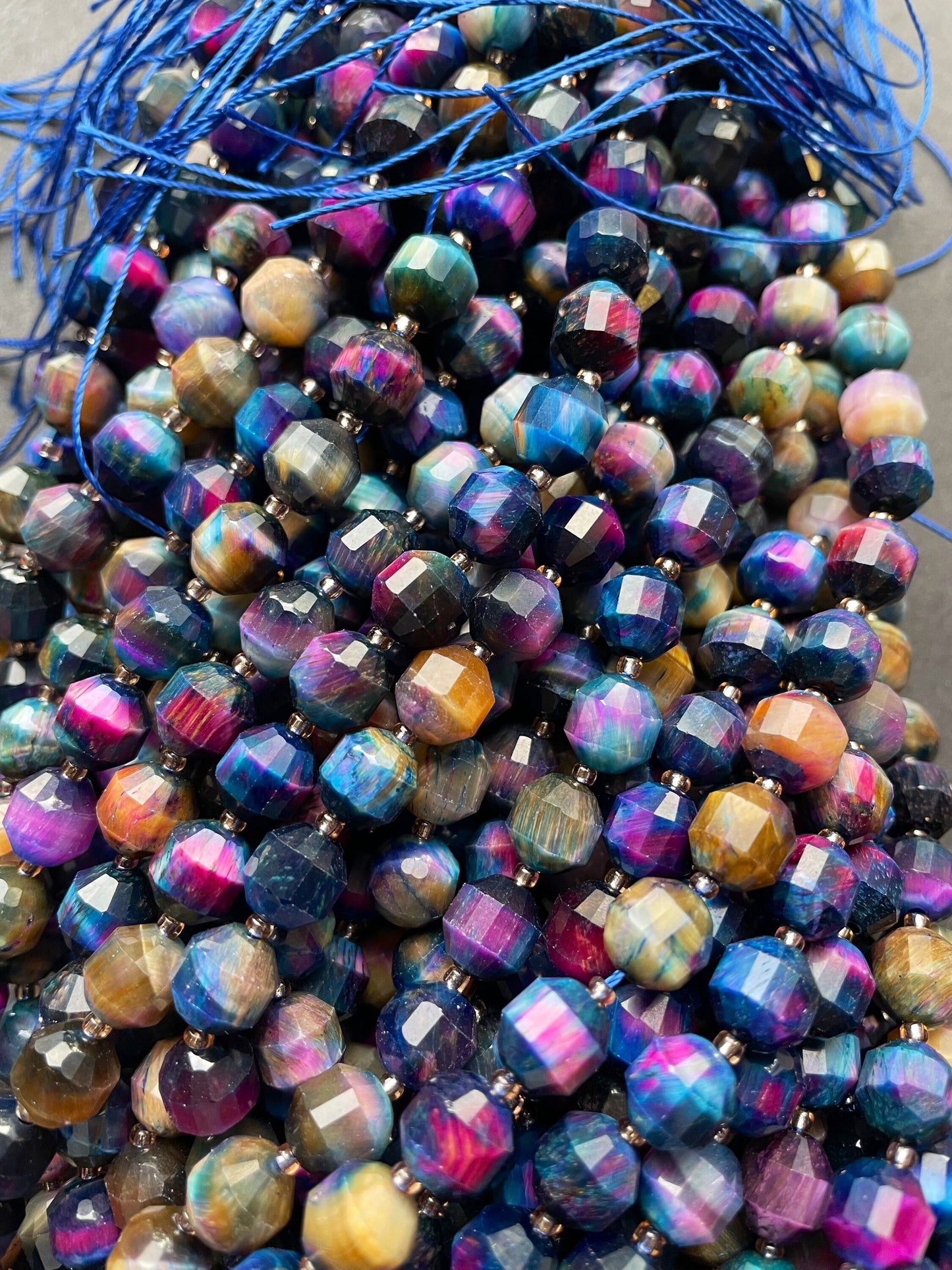 AAA Natural galaxy tiger eye stone bead.8mm faceted diamond shape bead . Gorgeous multi rainbow color tiger eye gemstone full strand 15.5”