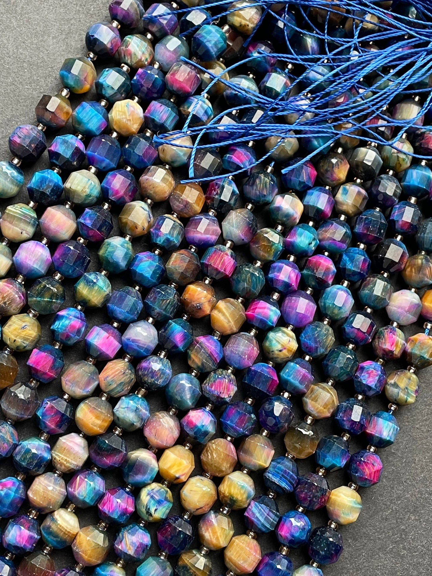 AAA Natural galaxy tiger eye stone bead.8mm faceted diamond shape bead . Gorgeous multi rainbow color tiger eye gemstone full strand 15.5”