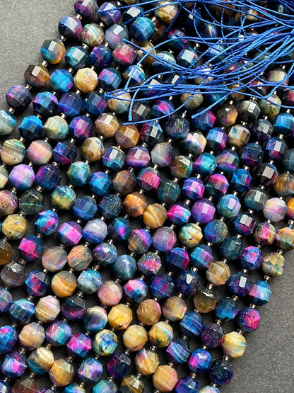 AAA Natural galaxy tiger eye stone bead.8mm faceted diamond shape bead . Gorgeous multi rainbow color tiger eye gemstone full strand 15.5”