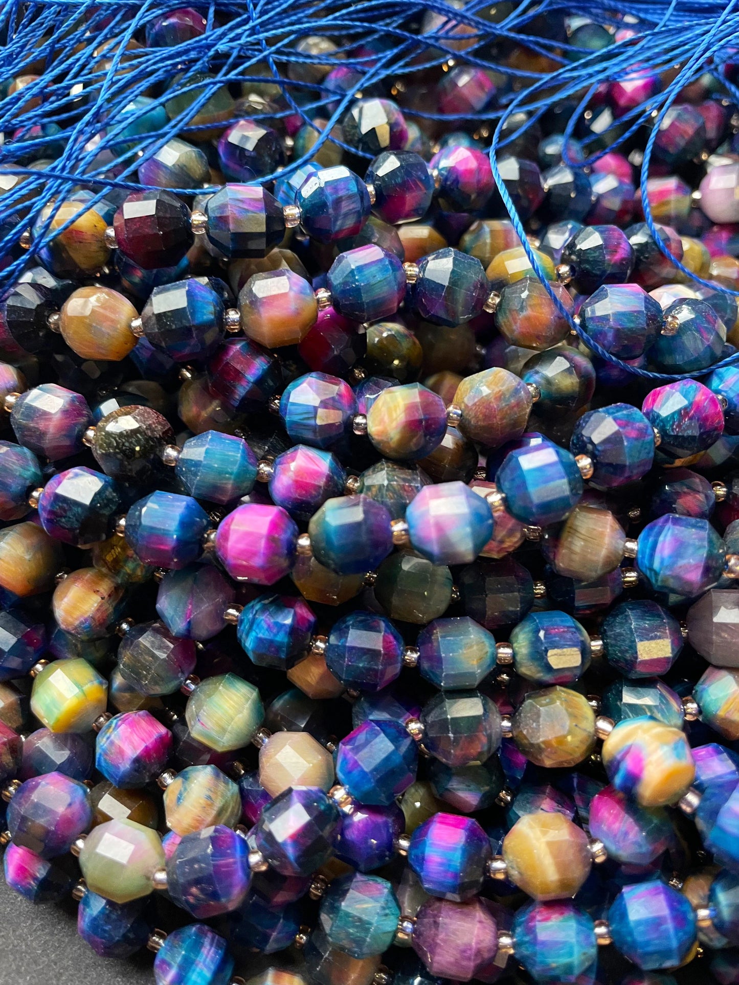 AAA Natural galaxy tiger eye stone bead.8mm faceted diamond shape bead . Gorgeous multi rainbow color tiger eye gemstone full strand 15.5”