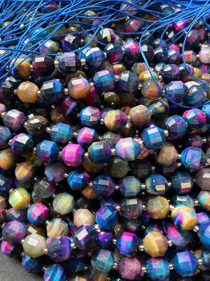 AAA Natural galaxy tiger eye stone bead.8mm faceted diamond shape bead . Gorgeous multi rainbow color tiger eye gemstone full strand 15.5”