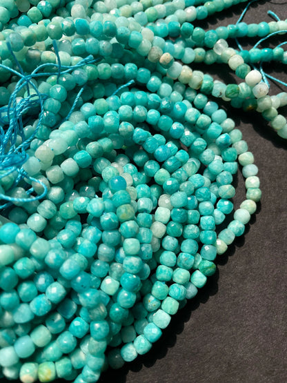 AAA Natural Amazonite Stone Bead. Faceted 4mm Cube Shape Bead. Gorgeous Natural Turquoise Blue Amazonite Gemstone Bead. Full Strand 15.5”