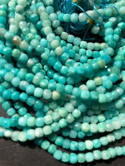 AAA Natural Amazonite Stone Bead. Faceted 4mm Cube Shape Bead. Gorgeous Natural Turquoise Blue Amazonite Gemstone Bead. Full Strand 15.5”