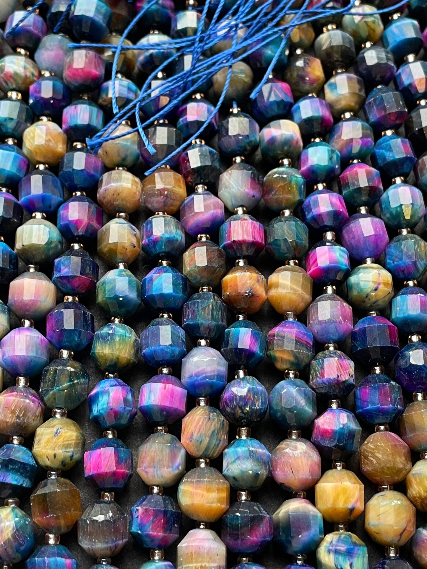 AAA Natural galaxy tiger eye stone bead.8mm faceted diamond shape bead . Gorgeous multi rainbow color tiger eye gemstone full strand 15.5”