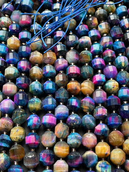 AAA Natural galaxy tiger eye stone bead.8mm faceted diamond shape bead . Gorgeous multi rainbow color tiger eye gemstone full strand 15.5”