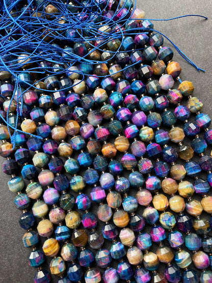 AAA Natural galaxy tiger eye stone bead.8mm faceted diamond shape bead . Gorgeous multi rainbow color tiger eye gemstone full strand 15.5”