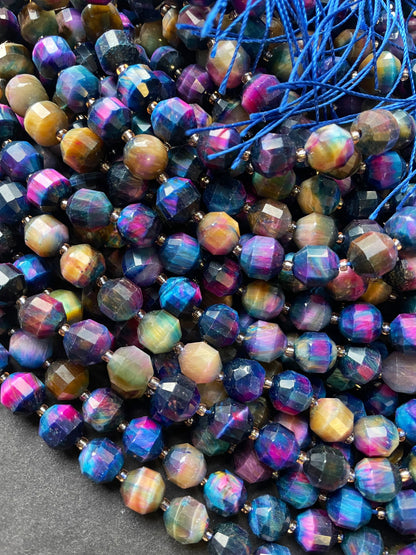 AAA Natural galaxy tiger eye stone bead.8mm faceted diamond shape bead . Gorgeous multi rainbow color tiger eye gemstone full strand 15.5”