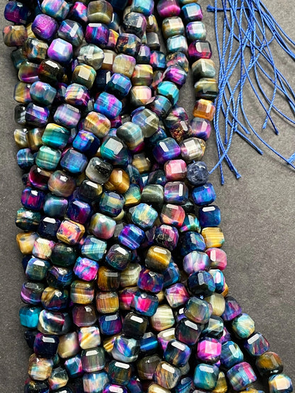 AAA Natural galaxy tiger eye stone bead. Faceted 9mm cube shape bead. Beautiful multi rainbow color tiger eye bead. , real nice quality bead