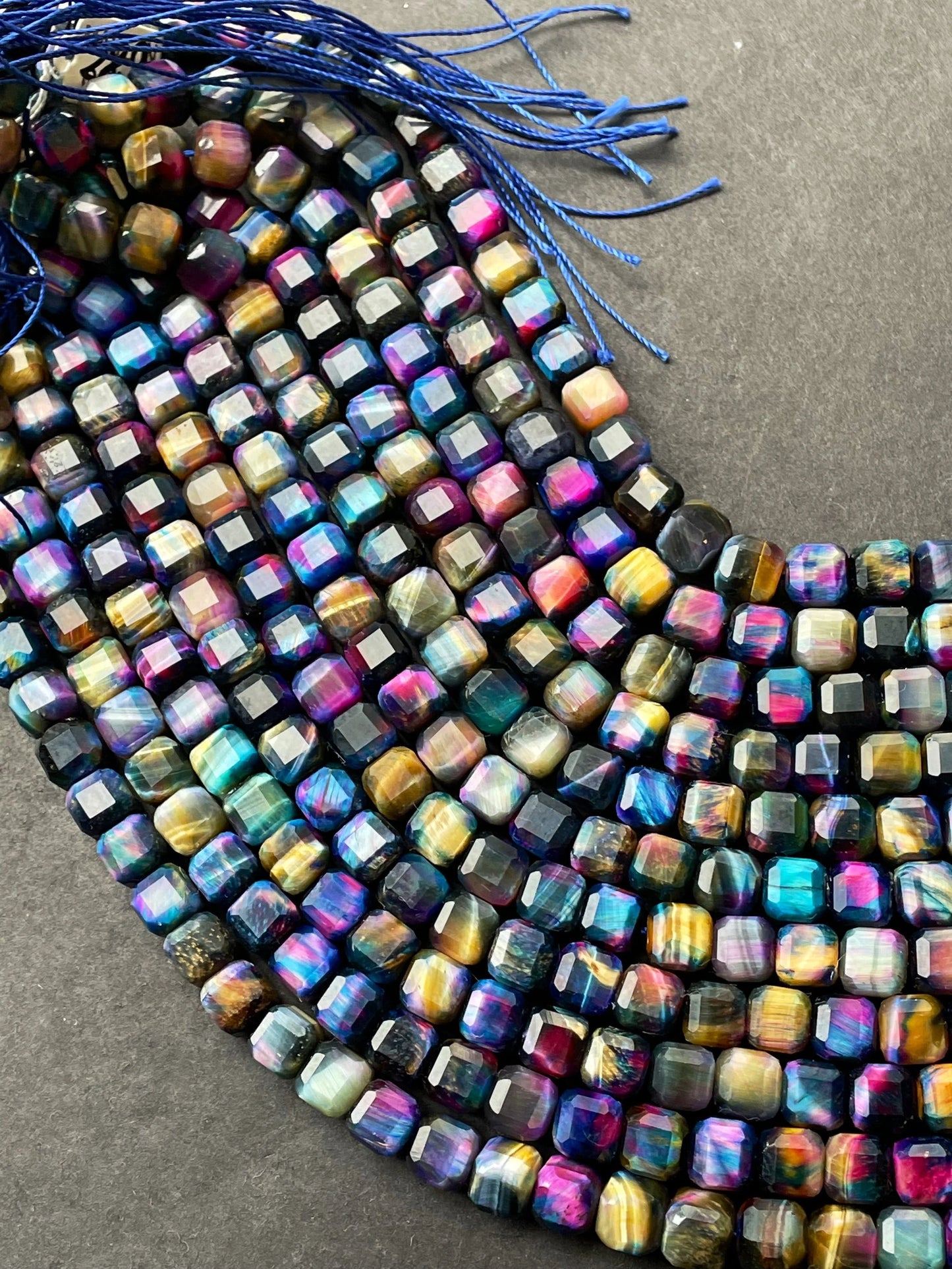AAA Natural galaxy tiger eye stone bead. Faceted 9mm cube shape bead. Beautiful multi rainbow color tiger eye bead. , real nice quality bead