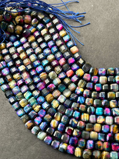 AAA Natural galaxy tiger eye stone bead. Faceted 9mm cube shape bead. Beautiful multi rainbow color tiger eye bead. , real nice quality bead