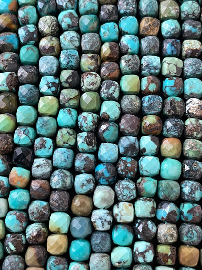 Natural turquoise stone bead. Faceted 4mm cube shape bead. Beautiful natural blue turquoise stone bead. Nice quality turquoise bead.15.5”