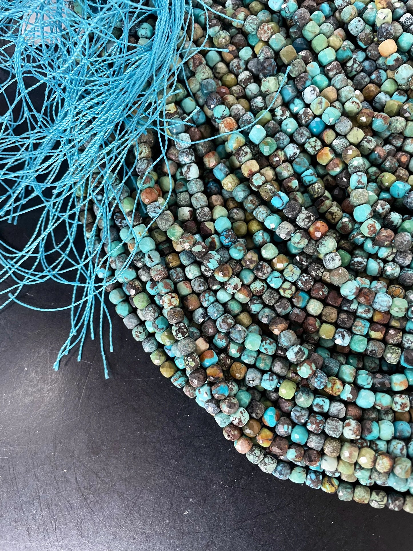 Natural turquoise stone bead. Faceted 4mm cube shape bead. Beautiful natural blue turquoise stone bead. Nice quality turquoise bead.15.5”