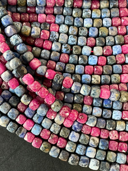 AAA Natural Ruby Sapphire Stone Bead. Faceted 4mm Cube Shape Bead. Beautiful Natural Red Ruby with Blue Sapphire Stone Bead. Full strand 15.